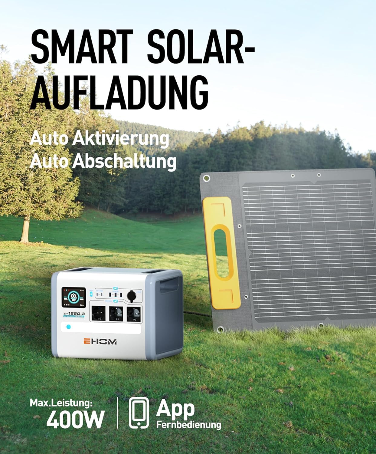 EHOM Tragbare Powerstation EP1650, 1024Wh Solar Generator LiFePO4 mit 3 * 1650W (Spitze 2700W) AC-Ausgänge，2 * 100W USB-C, 400W Solar Laden, Ultra-Leise, Notstrom für Zuhause, Reise, Camping & Garten