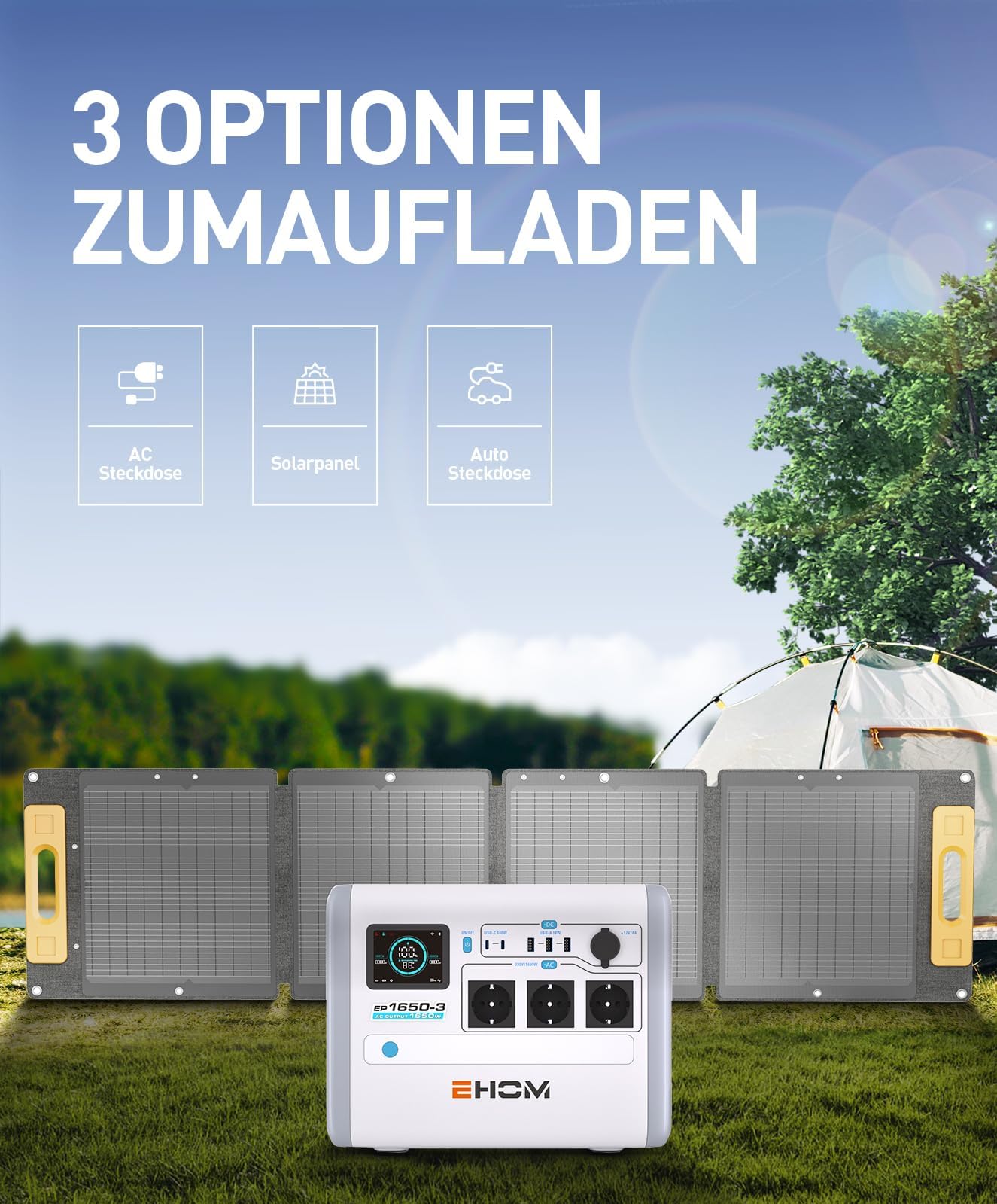 EHOM Tragbare Powerstation EP1650, 1024Wh Solar Generator LiFePO4 mit 3 * 1650W (Spitze 2700W) AC-Ausgänge，2 * 100W USB-C, 400W Solar Laden, Ultra-Leise, Notstrom für Zuhause, Reise, Camping & Garten