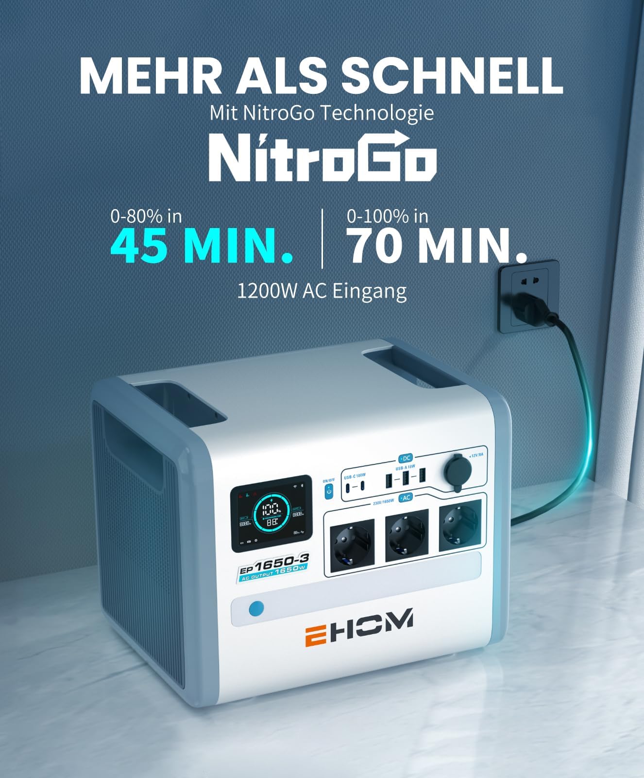 EHOM Tragbare Powerstation EP1650, 1024Wh Solar Generator LiFePO4 mit 3 * 1650W (Spitze 2700W) AC-Ausgänge，2 * 100W USB-C, 400W Solar Laden, Ultra-Leise, Notstrom für Zuhause, Reise, Camping & Garten