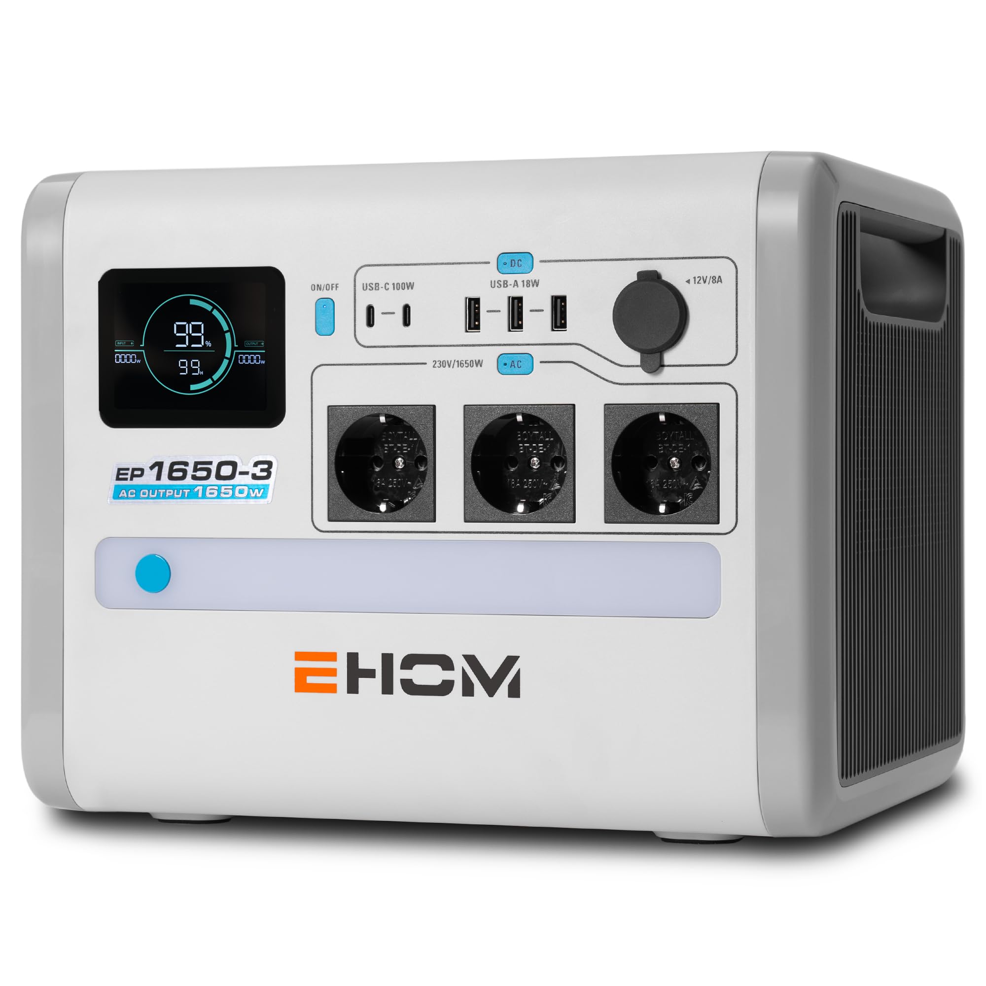 EHOM Tragbare Powerstation EP1650, 1024Wh Solar Generator LiFePO4 mit 3 * 1650W (Spitze 2700W) AC-Ausgänge，2 * 100W USB-C, 400W Solar Laden, Ultra-Leise, Notstrom für Zuhause, Reise, Camping & Garten