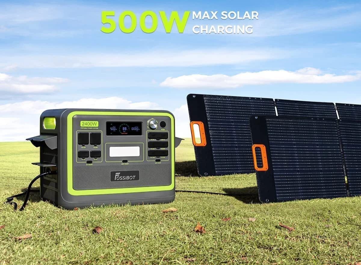FOSSIBOT Powerstation 2400W AC Ausgängen (4800 W Peak) F2400, Stück mit 200W Solarpanel Power Station, 1100W Superschnelles Tragbare Solargenerator für Zuhause, Camping, RV und Notfall